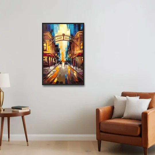 San Diego Historic Gaslamp District - Black Framed Canvas Wall Art - Sofa - 24x36
