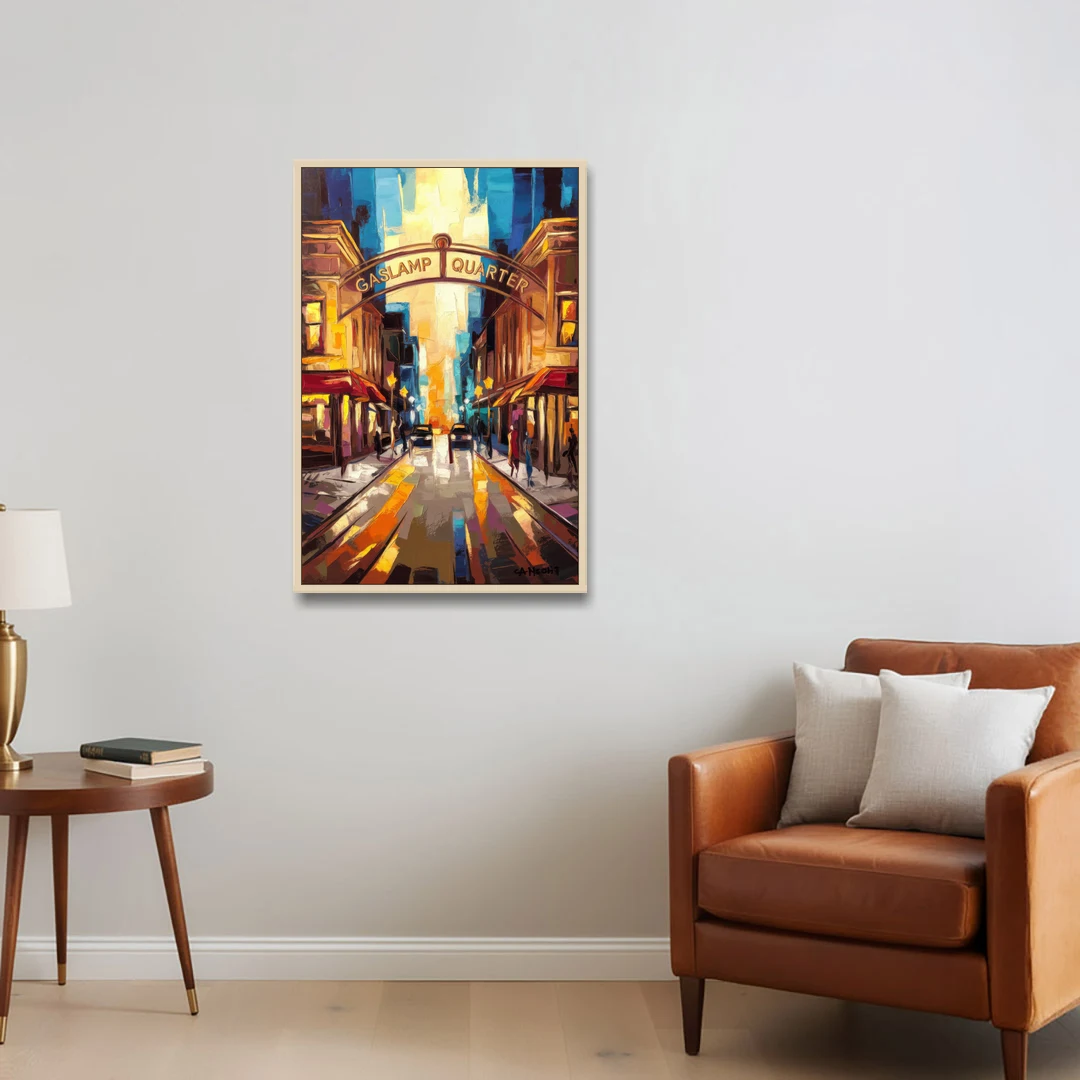 San Diego Historic Gaslamp District - Oak Framed Canvas Wall Art - Sofa - 24x36