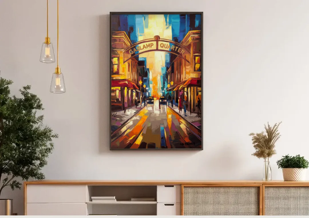 San Diego Historic Gaslamp District canvas wall art above a wooden sideboard under pendant lights