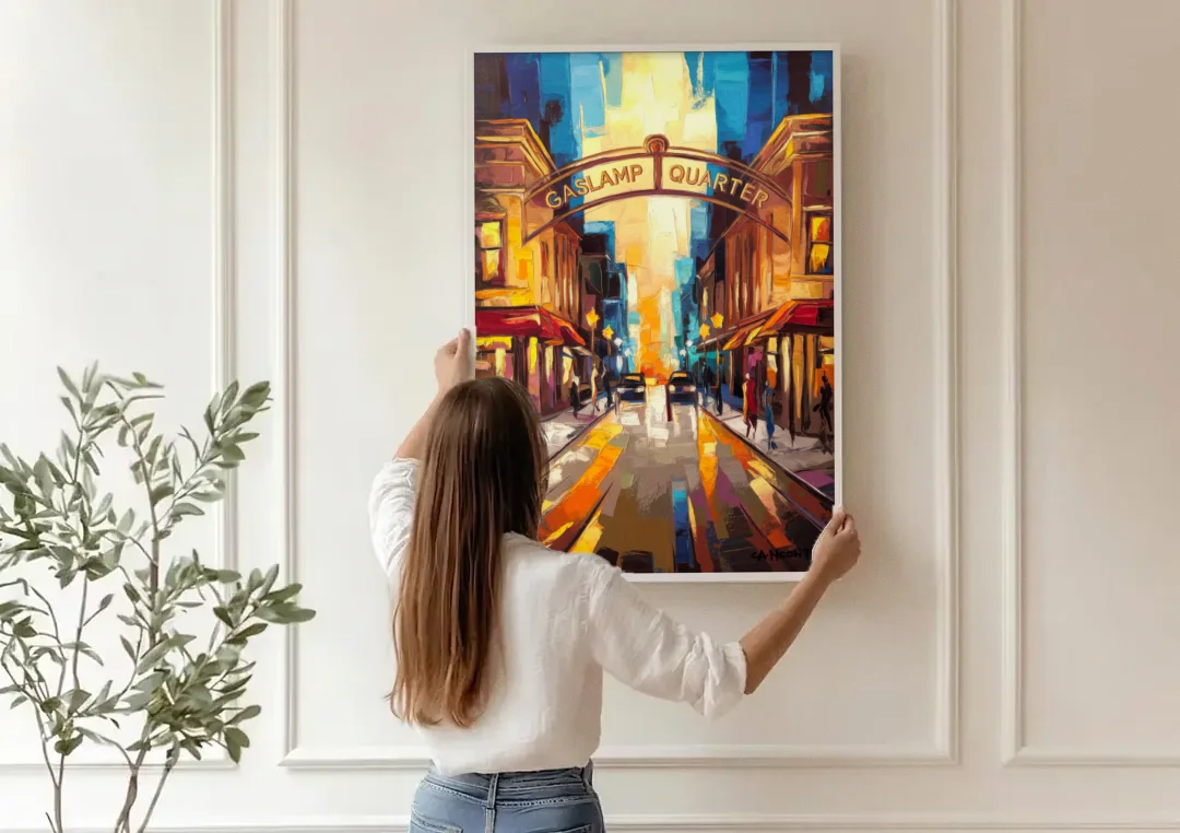 San Diego Historic Gaslamp District canvas wall art being hung on a paneled wall