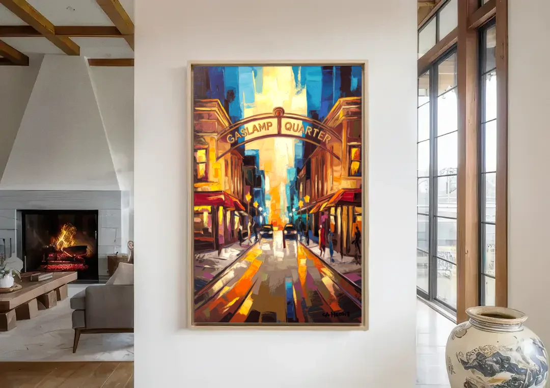 San Diego Historic Gaslamp District canvas wall art in a living room with a fireplace