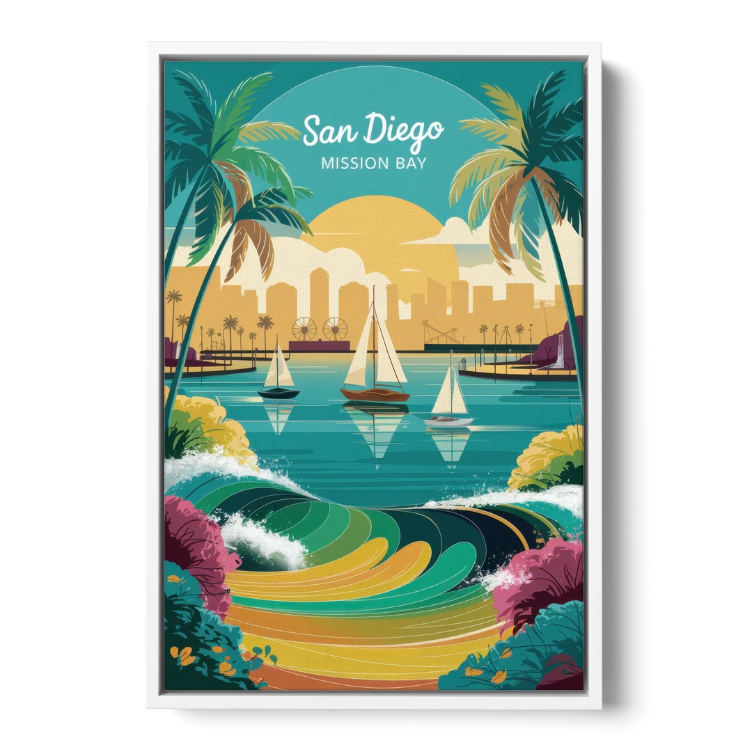 San Diego Mission Bay Views - White Framed Canvas Wall Art - Front