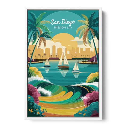 San Diego Mission Bay Views - White Framed Canvas Wall Art - Front
