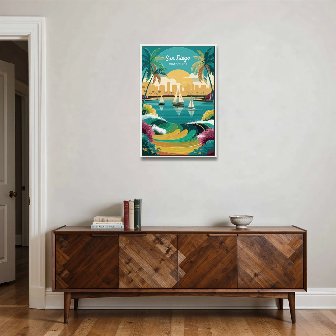 San Diego Mission Bay Views - White Framed Canvas Wall Art - Coffee Table - 24x36