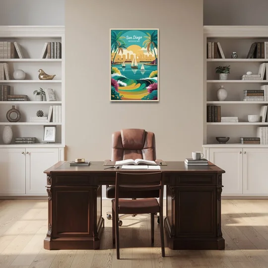 San Diego Mission Bay Views - Oak Framed Canvas Wall Art - Office - 24x36