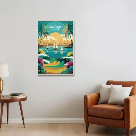 San Diego Mission Bay Views - Oak Framed Canvas Wall Art - Sofa - 24x36