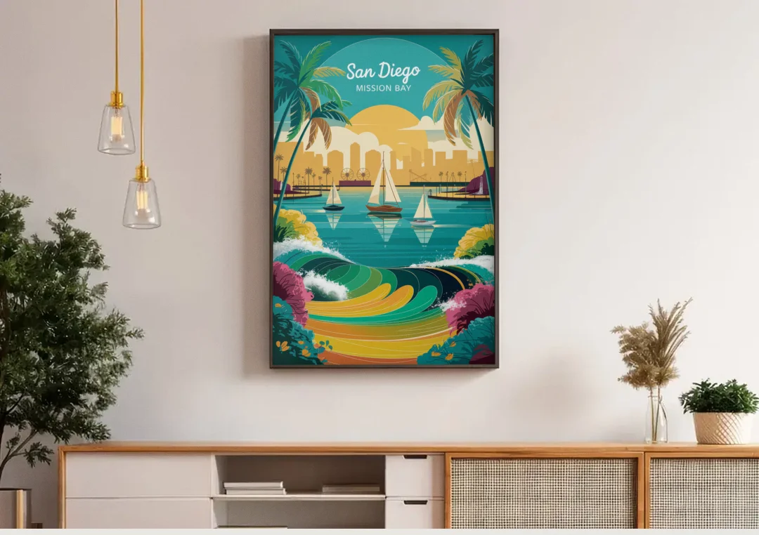 San Diego Mission Bay Views canvas wall art above a wooden sideboard under pendant lights