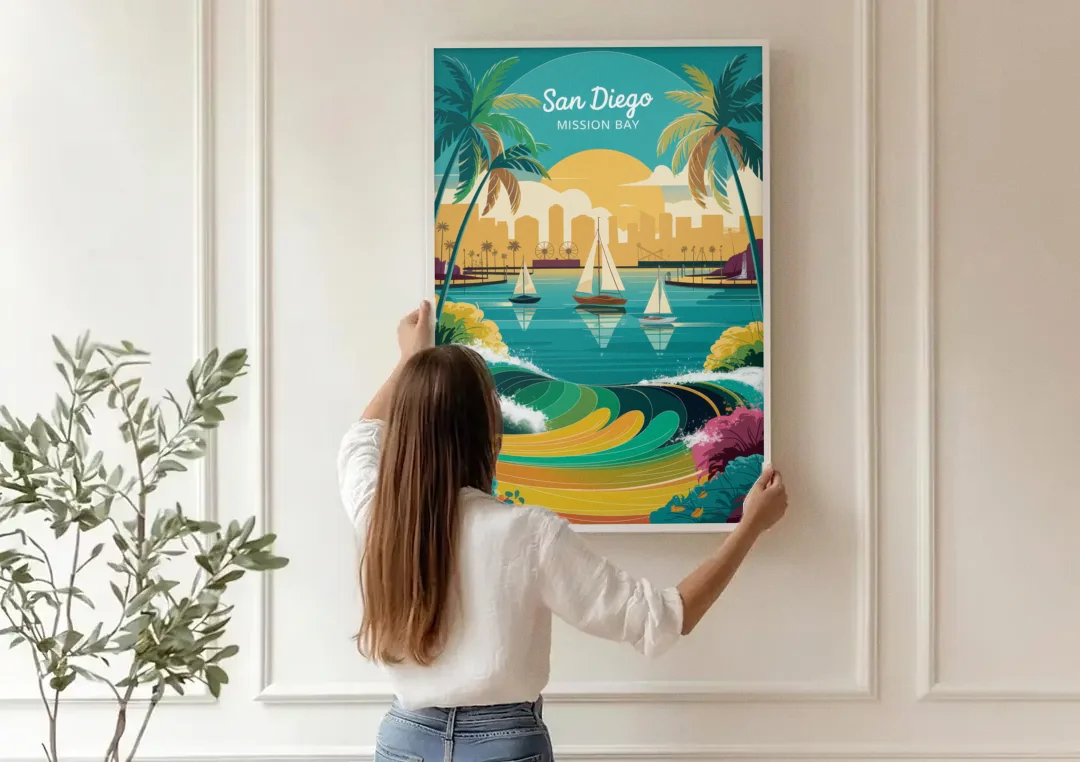 San Diego Mission Bay Views canvas wall art being hung on a paneled wall