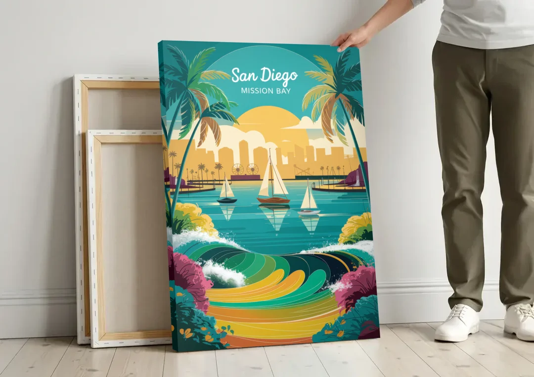 San Diego Mission Bay Views canvas wall art leaning against a wall next to blank canvases