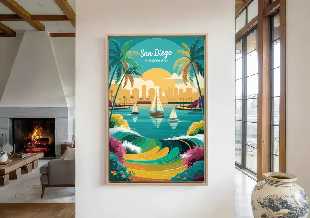 San Diego Mission Bay Views canvas wall art in a living room with a fireplace