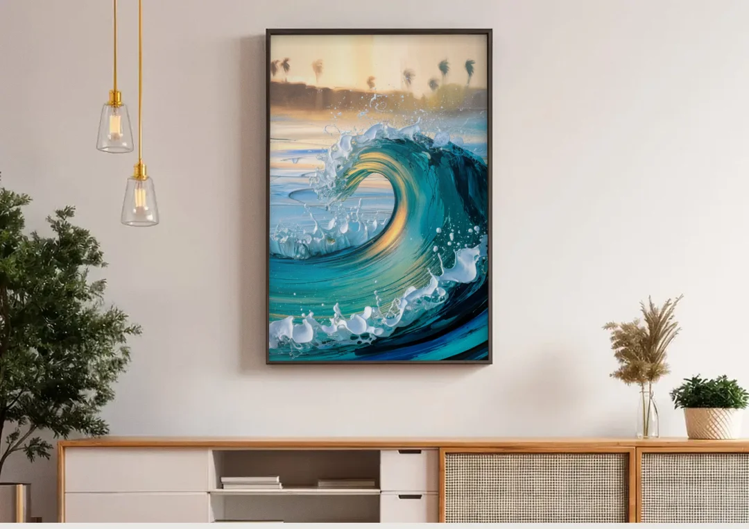 San Diego Ocean Waves canvas wall art above a wooden sideboard under pendant lights