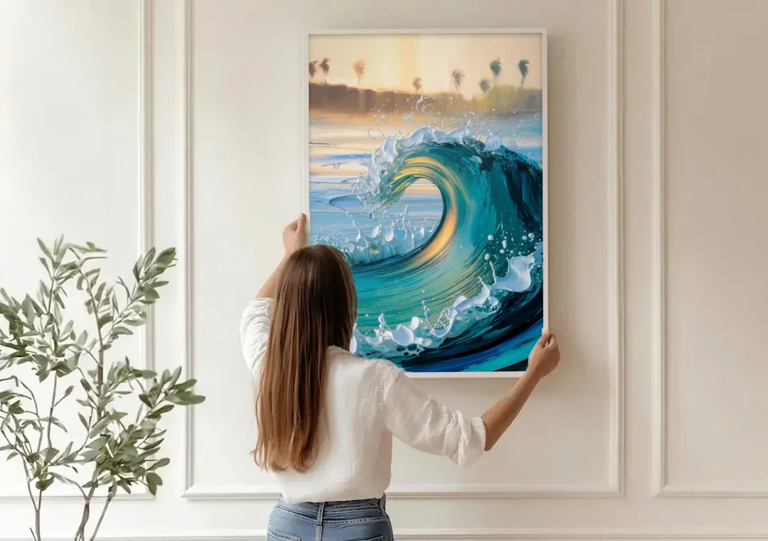San Diego Ocean Waves canvas wall art being hung on a paneled wall