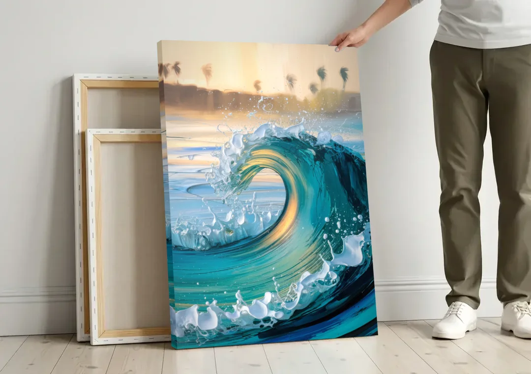 San Diego Ocean Waves canvas wall art leaning against a wall next to blank canvases