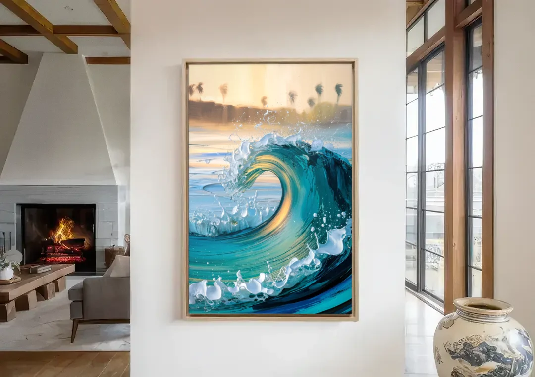 San Diego Ocean Waves canvas wall art in a living room with a fireplace