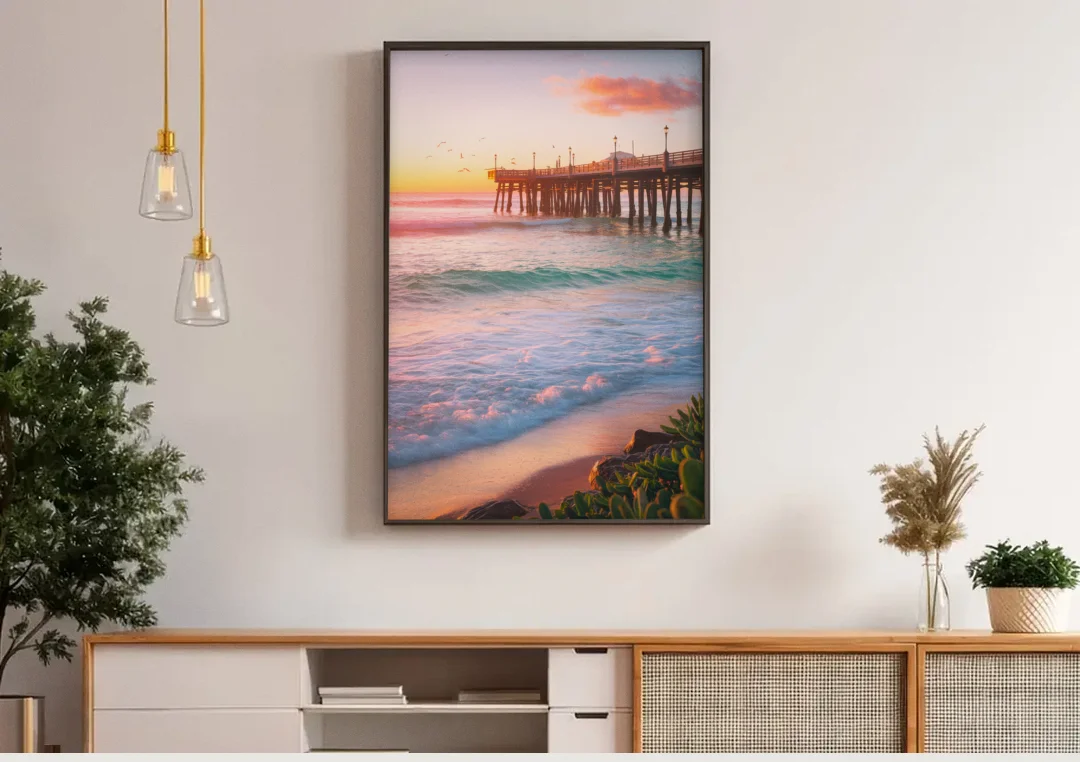 San Diego Pacific Beach Vibes canvas wall art above a wooden sideboard under pendant lights