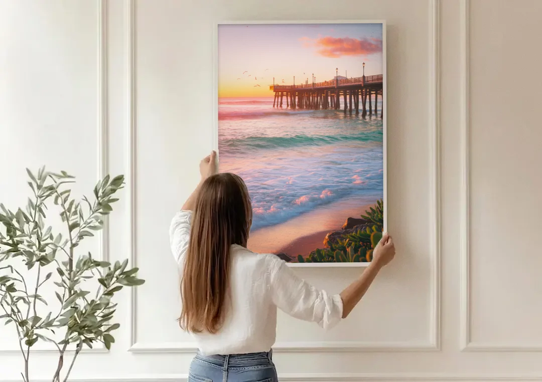 San Diego Pacific Beach Vibes canvas wall art being hung on a paneled wall