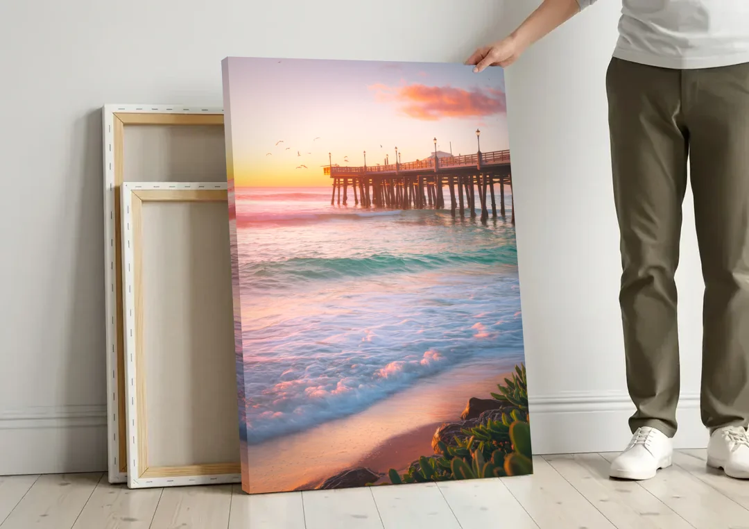 San Diego Pacific Beach Vibes canvas wall art leaning against a wall next to blank canvases