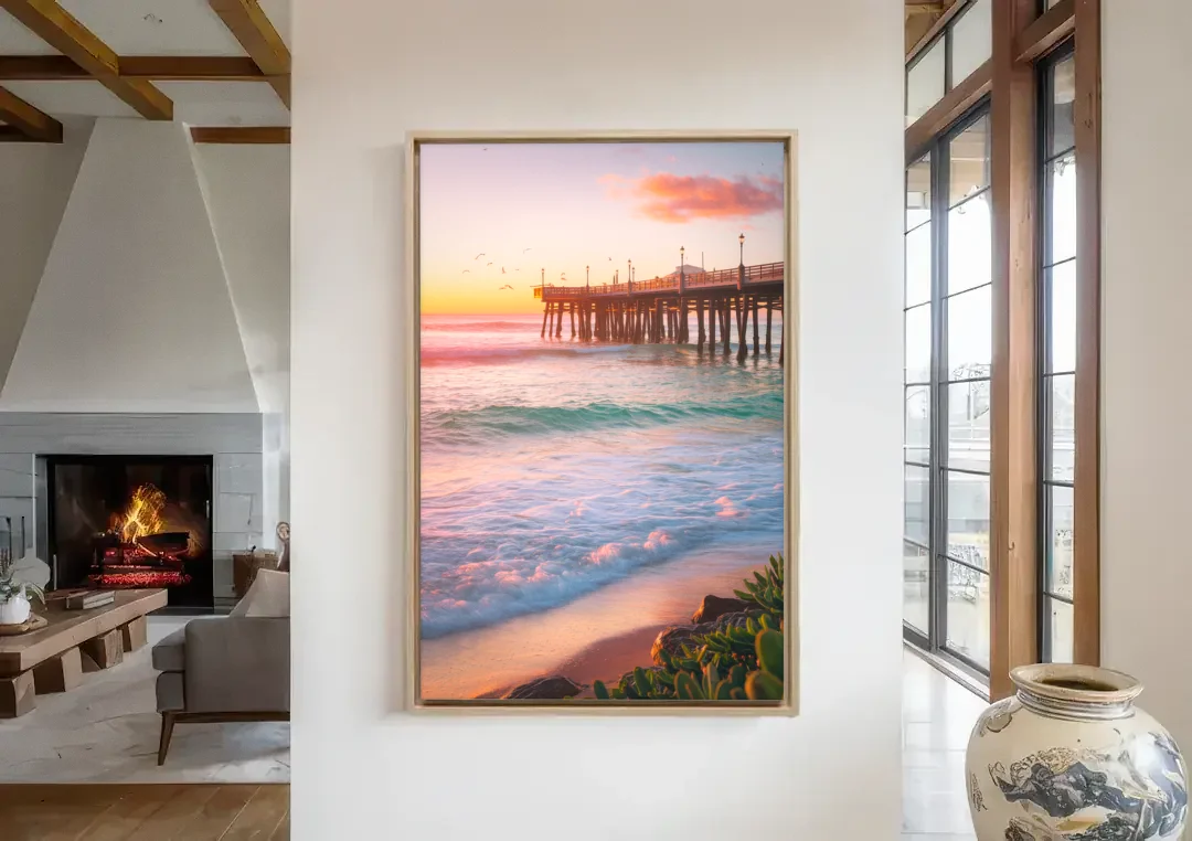 San Diego Pacific Beach Vibes canvas wall art in a living room with a fireplace