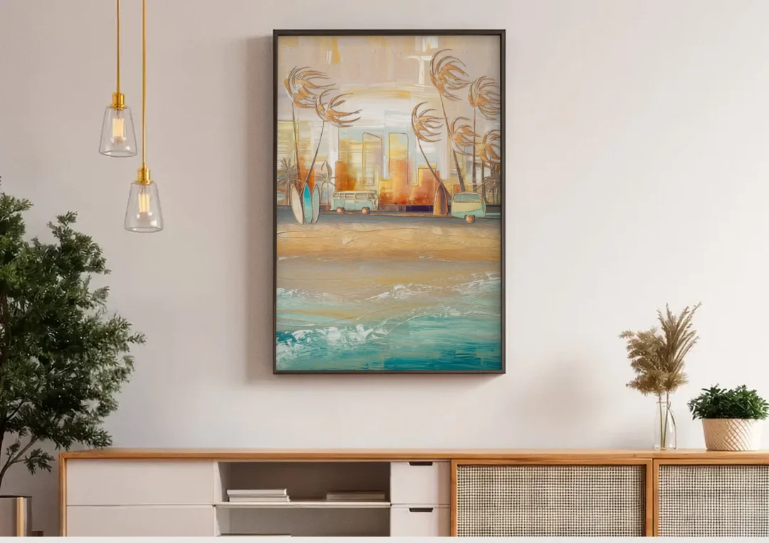 San Diego Pacific Beach Vibes Surf canvas wall art above a wooden sideboard under pendant lights