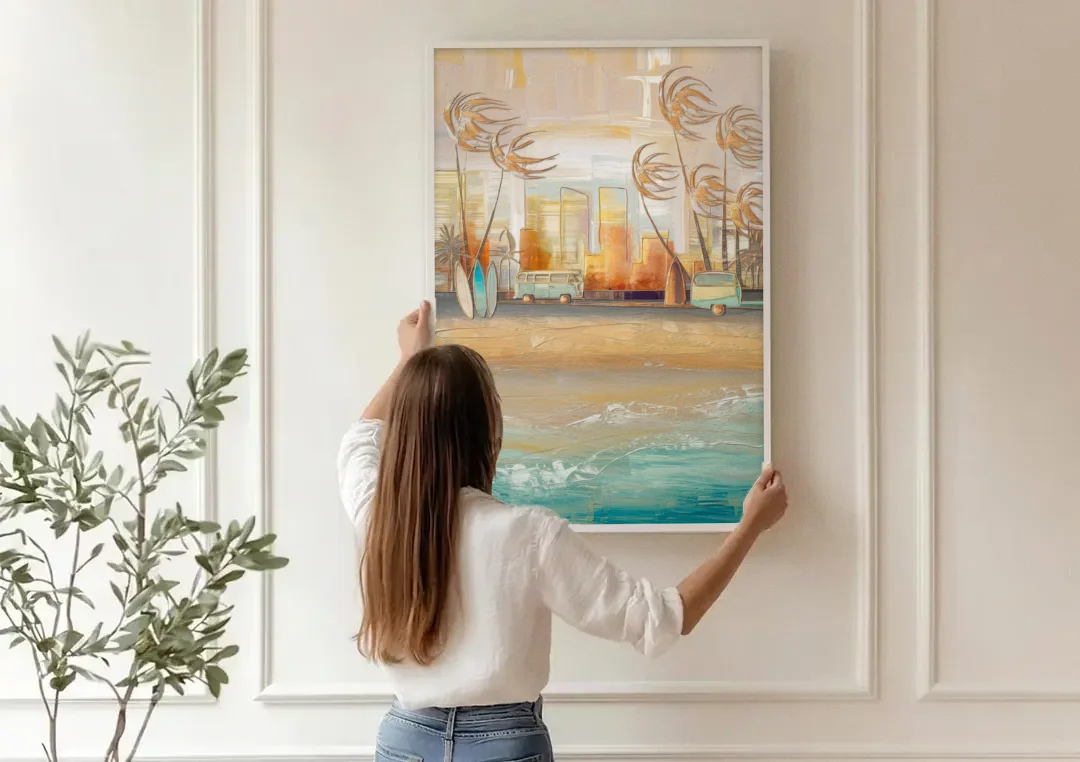 San Diego Pacific Beach Vibes Surf canvas wall art being hung on a paneled wall