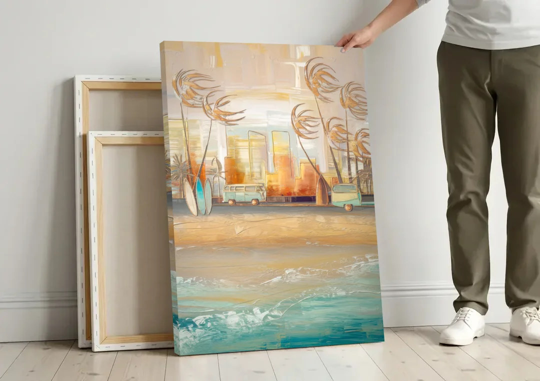 San Diego Pacific Beach Vibes Surf canvas wall art leaning against a wall next to blank canvases