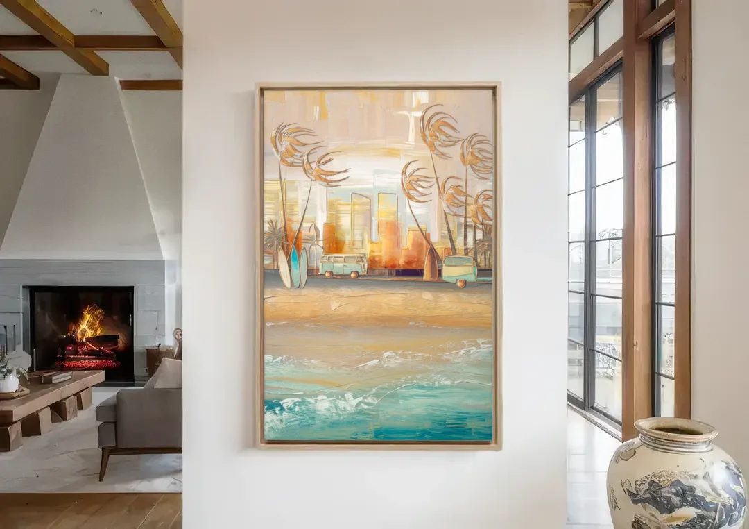 San Diego Pacific Beach Vibes Surf canvas wall art in a living room with a fireplace