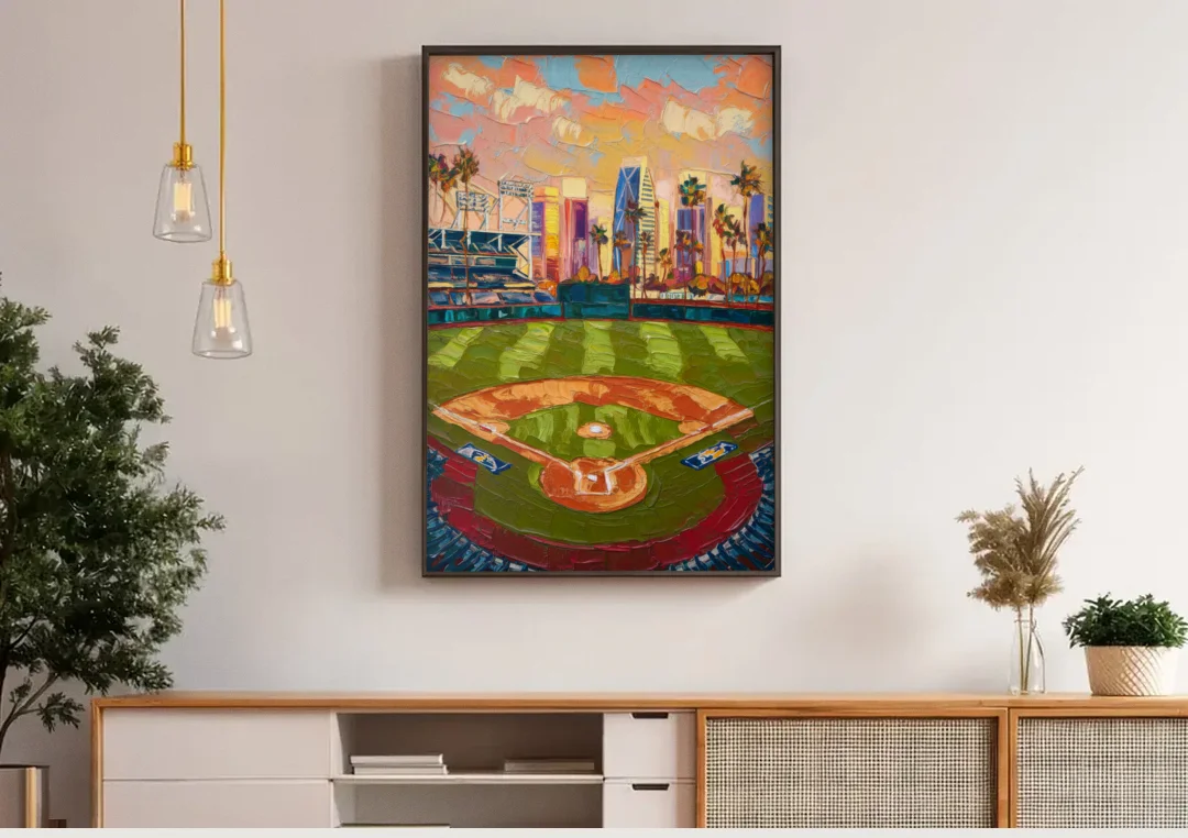 San Diego Padres Stadium canvas wall art above a wooden sideboard under pendant lights
