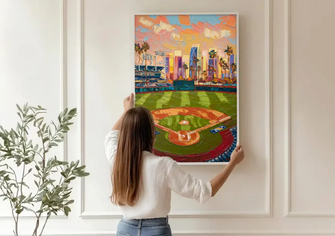 San Diego Padres Stadium canvas wall art being hung on a paneled wall
