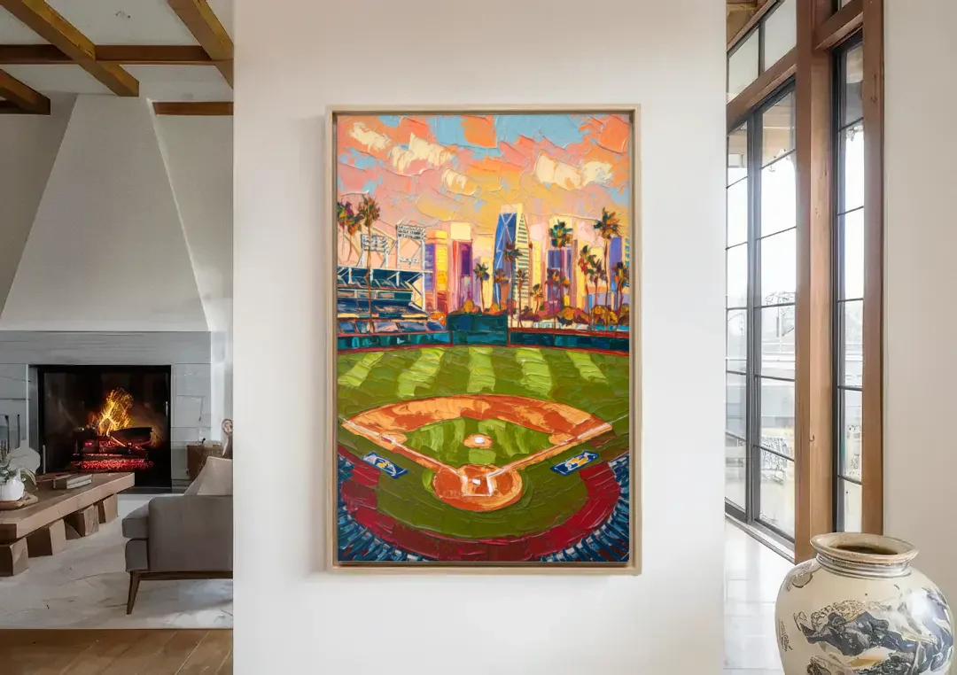 San Diego Padres Stadium canvas wall art in a living room with a fireplace