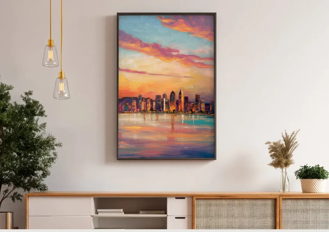 San Diego Skyline Sunset canvas wall art above a wooden sideboard under pendant lights