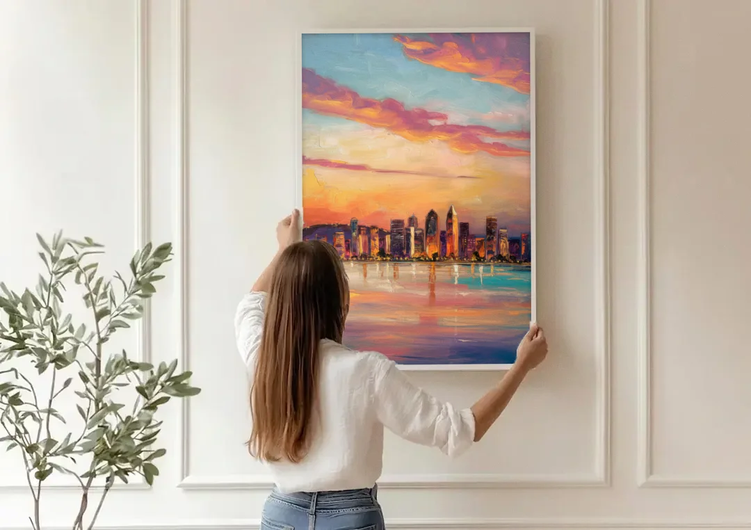 San Diego Skyline Sunset canvas wall art being hung on a paneled wall