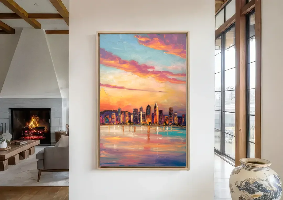 San Diego Skyline Sunset canvas wall art in a living room with a fireplace