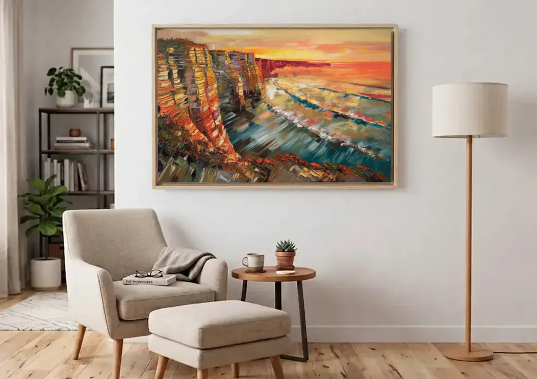 San Diego Sunset Cliffs canvas wall art above an armchair in a bright living room