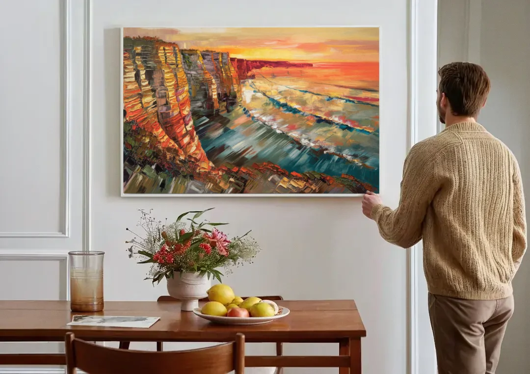 San Diego Sunset Cliffs canvas wall art above a dining table