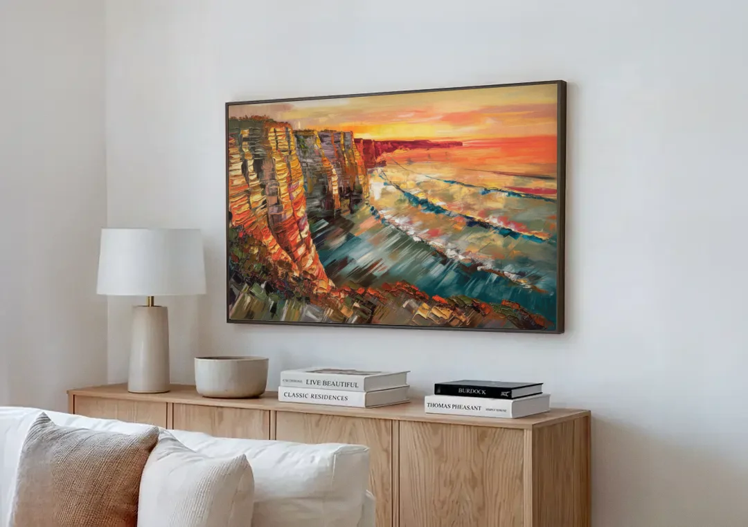 San Diego Sunset Cliffs canvas wall art above a wooden sideboard next to a sofa