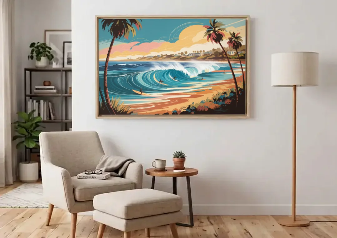 San Diego Surf Culture canvas wall art above an armchair in a bright living room