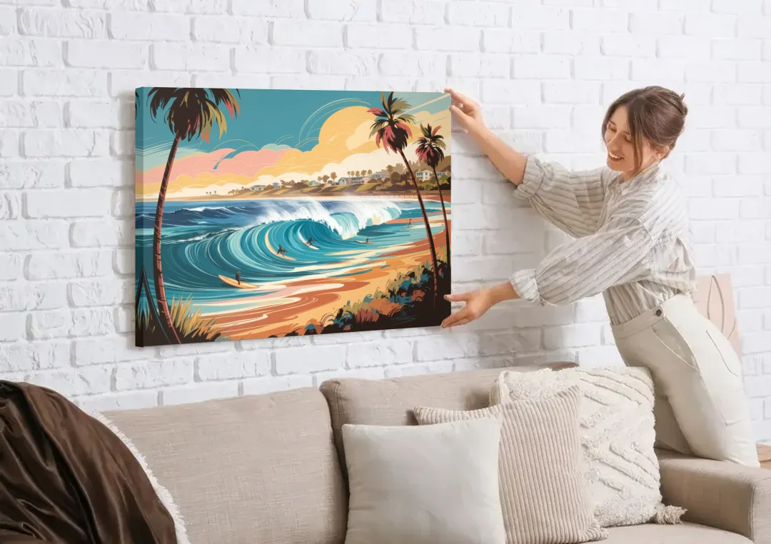 San Diego Surf Culture canvas wall art being hung on a white brick wall above a sofa