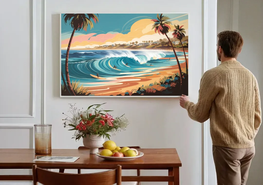 San Diego Surf Culture canvas wall art above a dining table