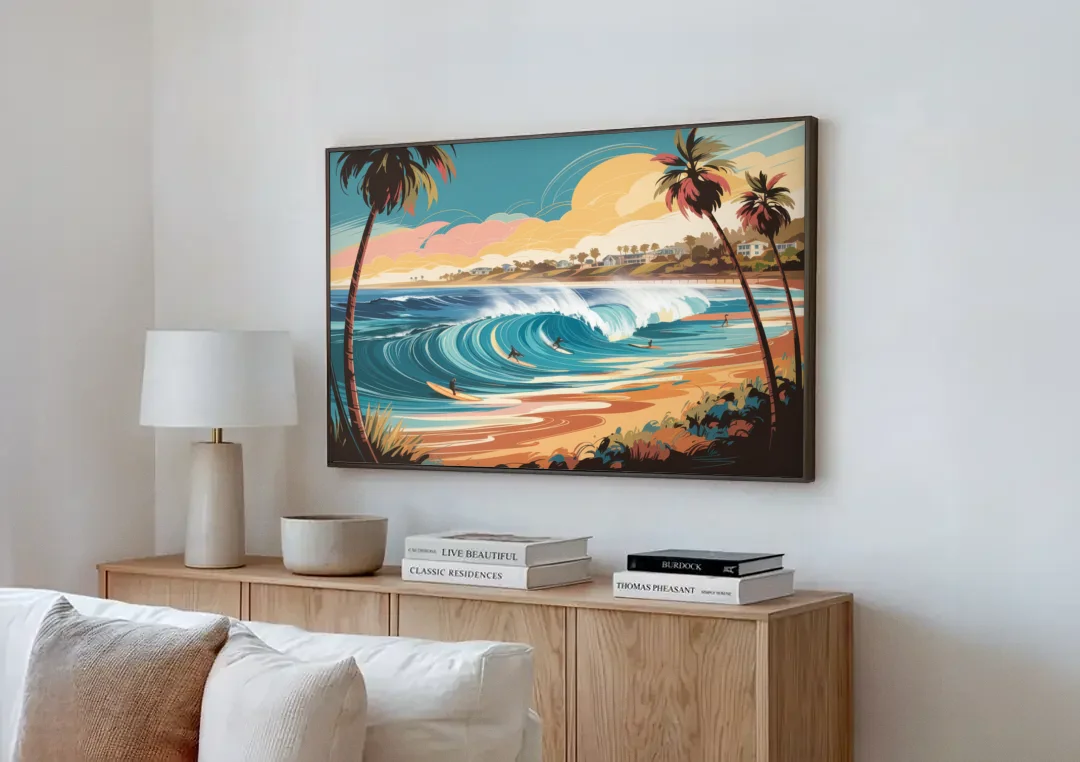 San Diego Surf Culture canvas wall art above a wooden sideboard next to a sofa