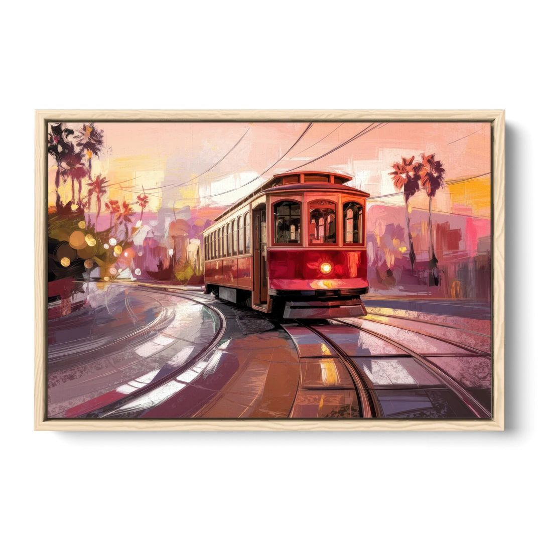San Diego Trolley At Sunset - Oak Framed Canvas Wall Art - Front