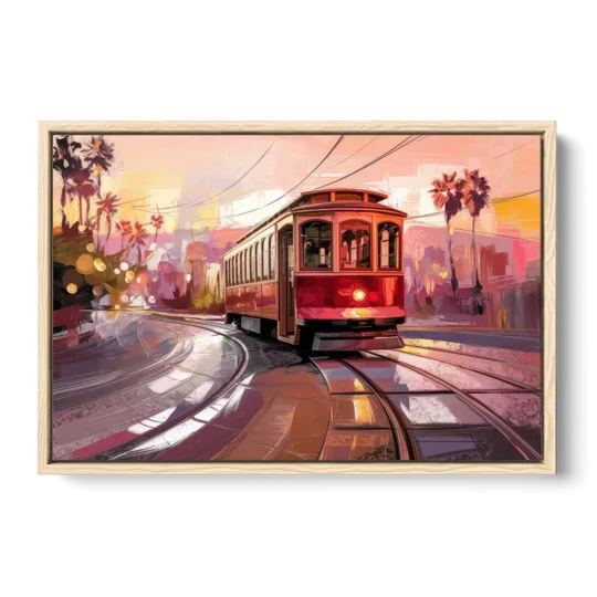 San Diego Trolley At Sunset - Oak Framed Canvas Wall Art - Front