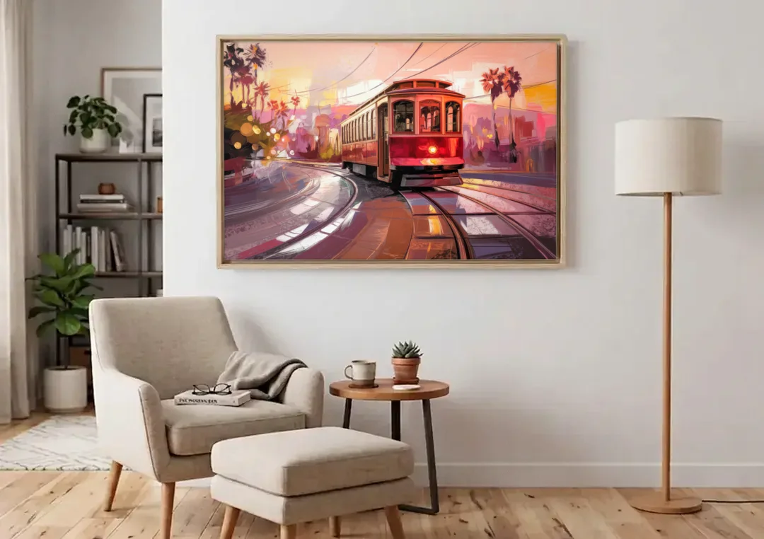 San Diego Trolley At Sunset canvas wall art above an armchair in a bright living room