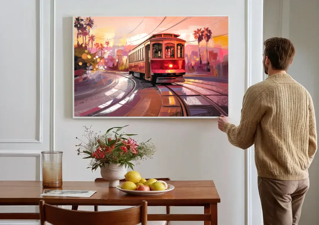 San Diego Trolley At Sunset canvas wall art above a dining table