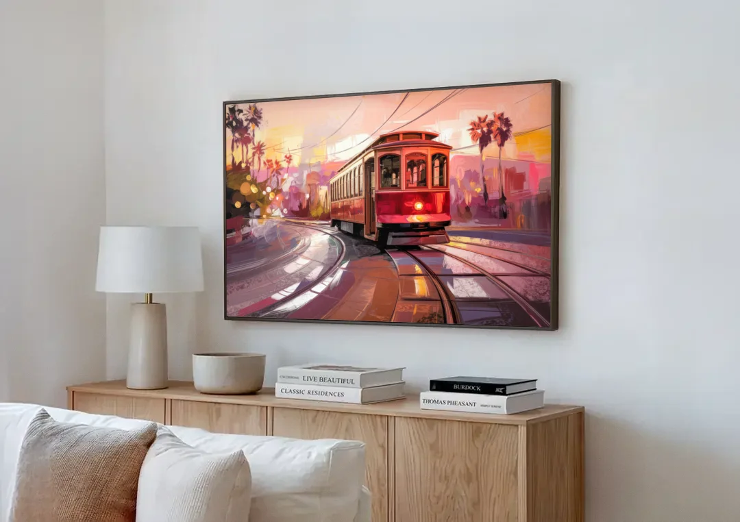 San Diego Trolley At Sunset canvas wall art above a wooden sideboard next to a sofa