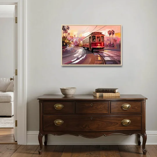 San Diego Trolley At Sunset - Oak Framed Canvas Wall Art - Coffee Table - 36x24