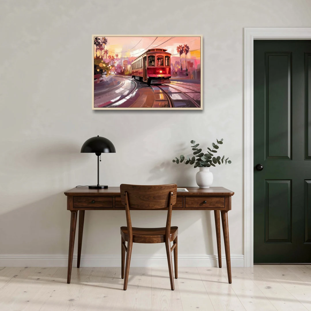 San Diego Trolley At Sunset - Oak Framed Canvas Wall Art - Office - 36x24