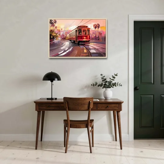 San Diego Trolley At Sunset - Oak Framed Canvas Wall Art - Office - 36x24