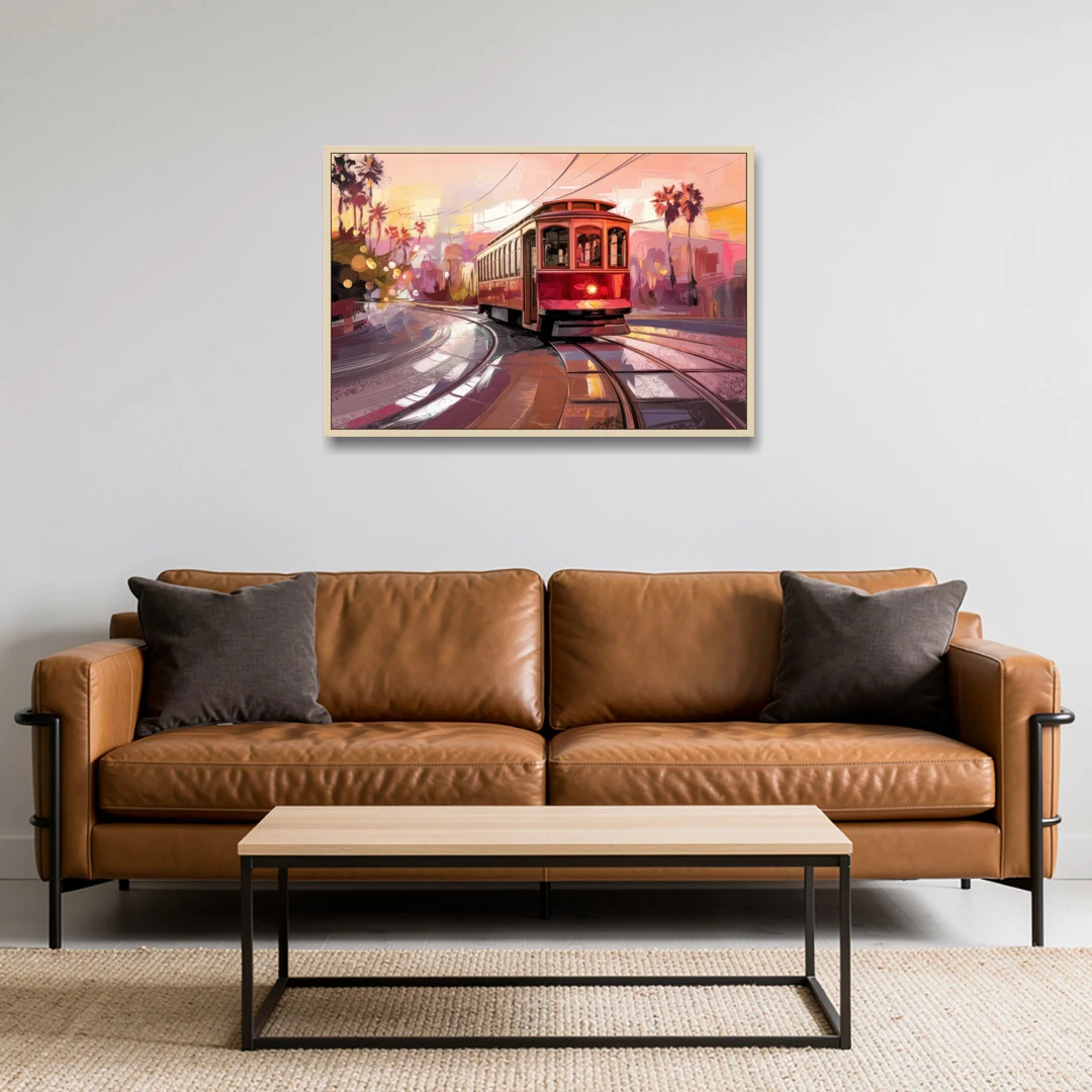 San Diego Trolley At Sunset - Oak Framed Canvas Wall Art - Sofa - 36x24