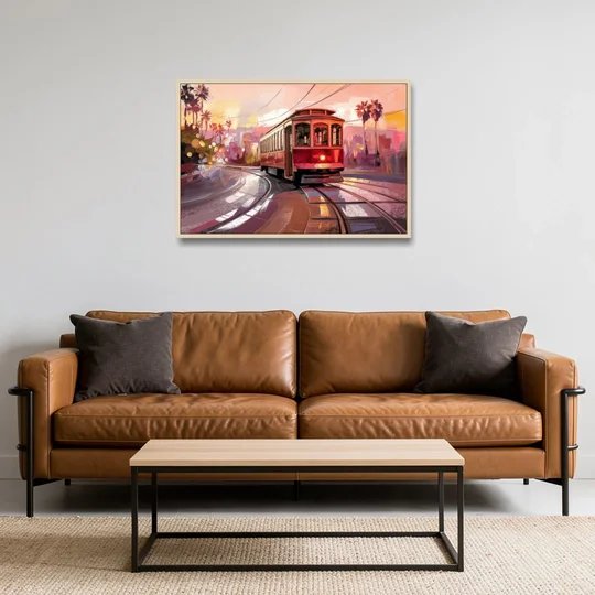 San Diego Trolley At Sunset - Oak Framed Canvas Wall Art - Sofa - 36x24