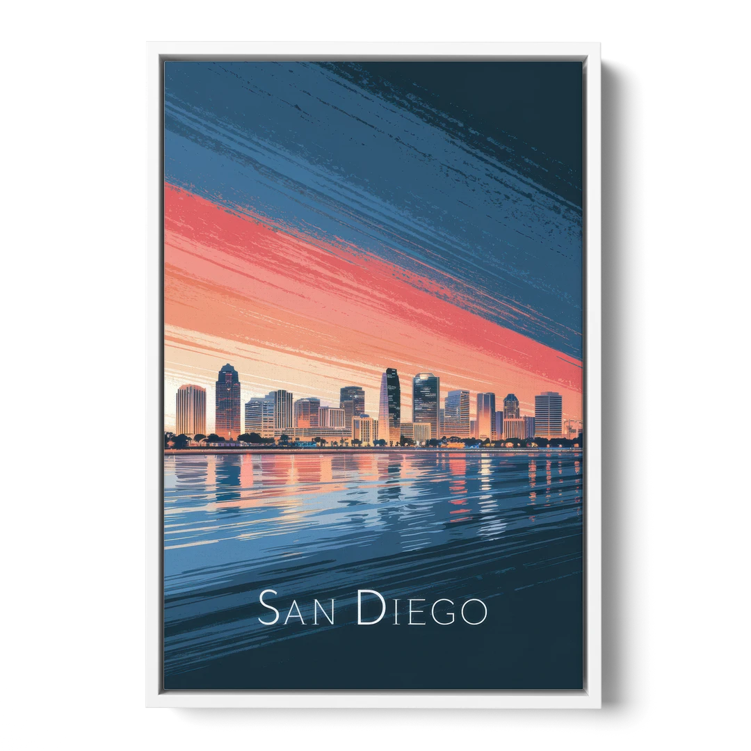 San Diego Urban Skyline - White Framed Canvas Wall Art - Front